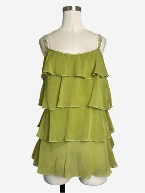 Vintage Y2K Lapis green tiered ruffle chiffon beaded strap tank whimsical M